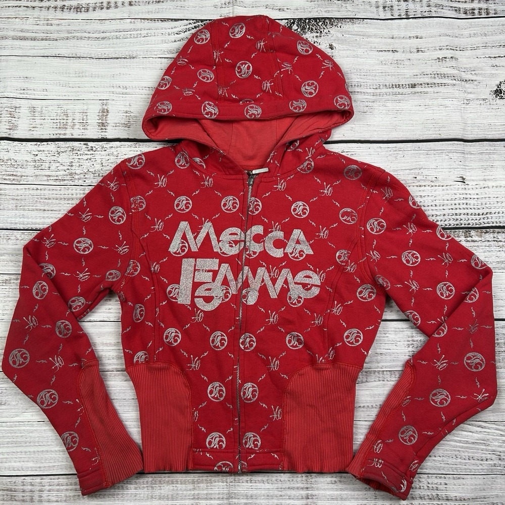 Vintage Y2K Women's Mecca Femme Full Zip Hoodie Red AOP Size M Skate All Over